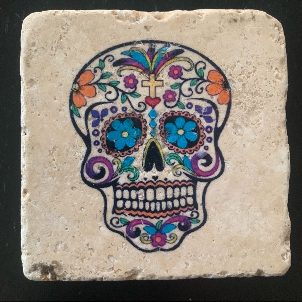 Sugar Skull Travertine Coaster Handmade